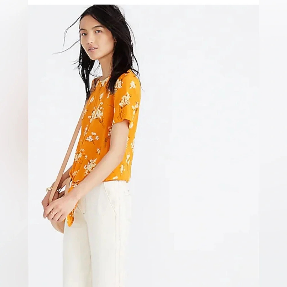 Madewell Silk Button-Back Tie Tee in Butterfly Garden XXS Orange